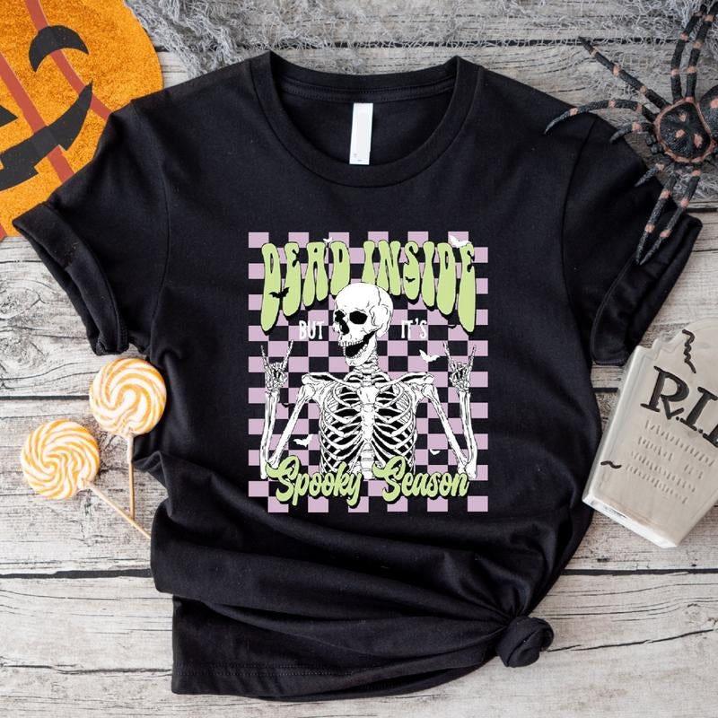 Dead Inside But It's Spooky Season T-Shirt, Trendy Halloween Party Shirt, Unisex Sarcastic Skeleton Gift Tee, Retro Fall...