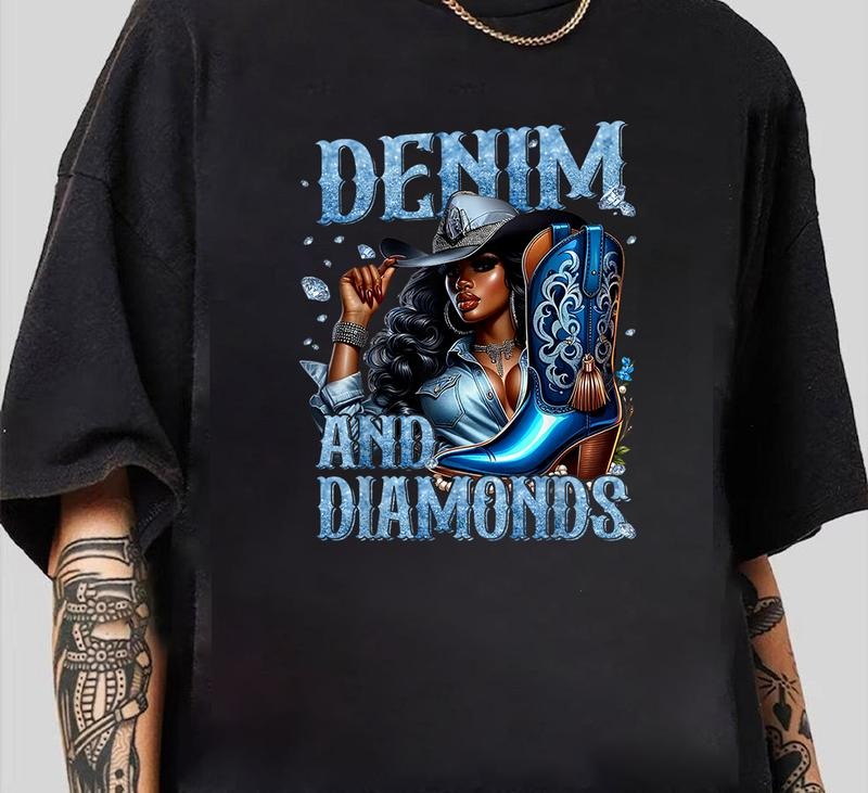 Denim and Diamonds African Melanin Swag Cowgirls Western T-Shirt Ultimate Gift for Fans Hoodie, Sweatshirt | HypeDripTees.com
