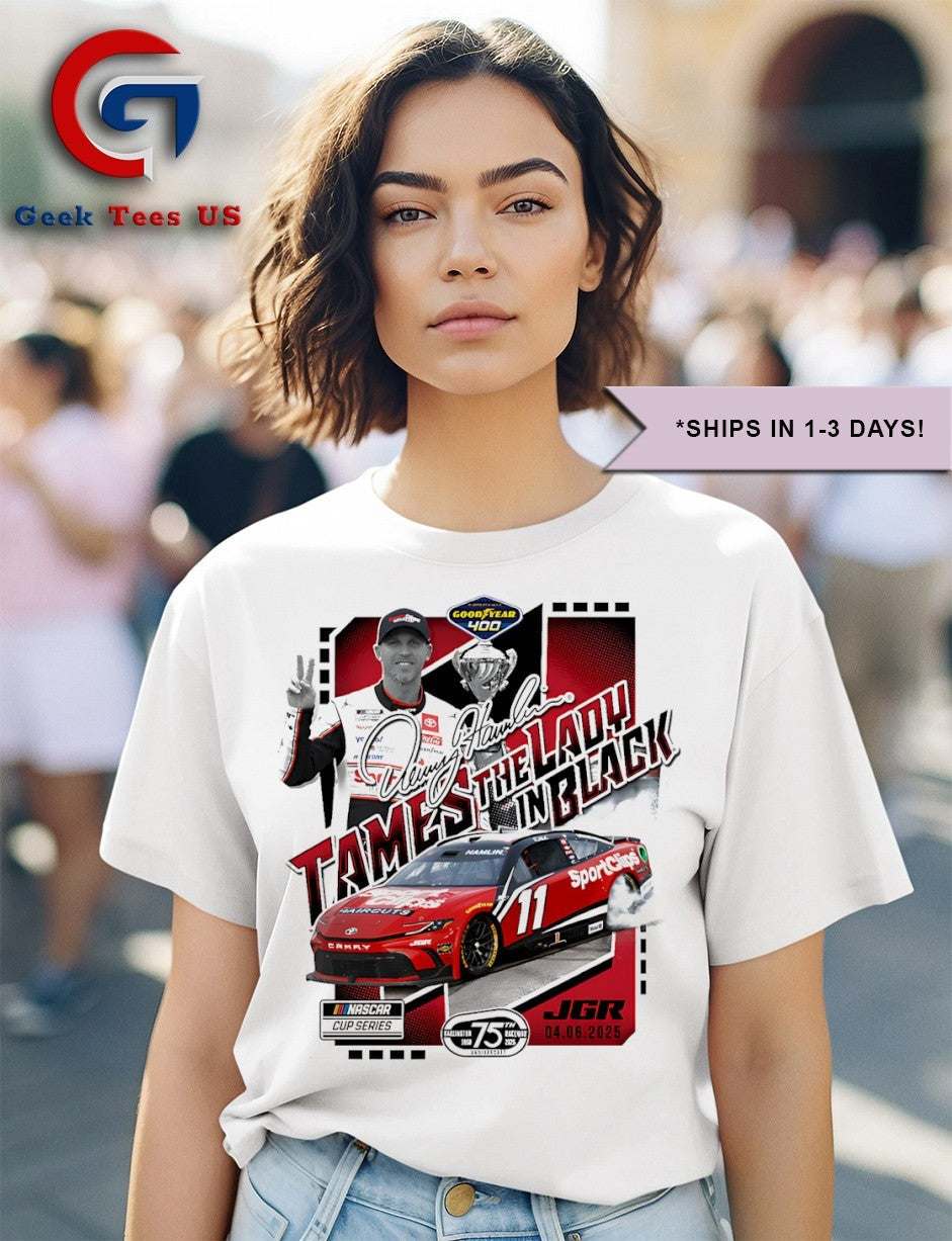 Denny Hamlin Tames the Lady in Black 2025 Goodyear 400 Race Winner graphic shirt