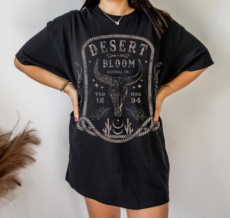 Desert Bloom Western Graphic Tee Wild Flower Shirt Bull Skull Shirt Vintage Inspired Southwest Shirt Distressed Oversized...
