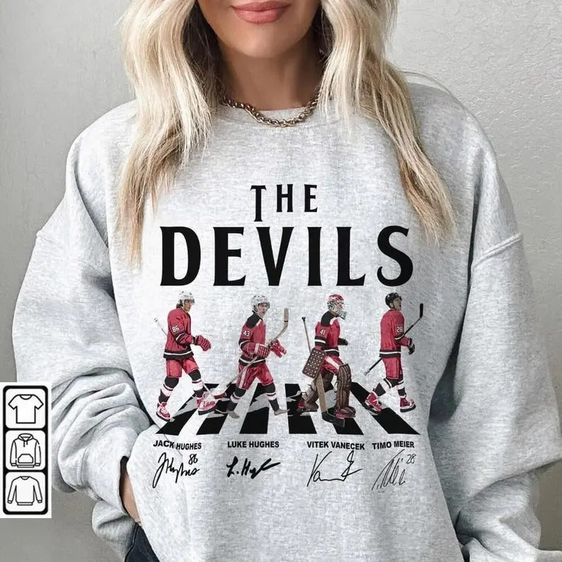 Devils Walking Abbey Road Signatures Ice Hockey Shirt, Jack Hughes, Luke Hughes, Vitek Vanecek, Timo Meier, New Jersey...