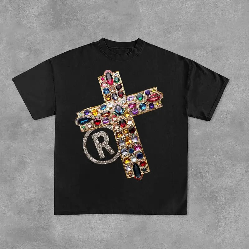 Diamond Cross Graphic Y2k Fashion Streetwear Print Casual Cotton T-Shirt Hoodie, Sweatshirt | HypeDripTees.com