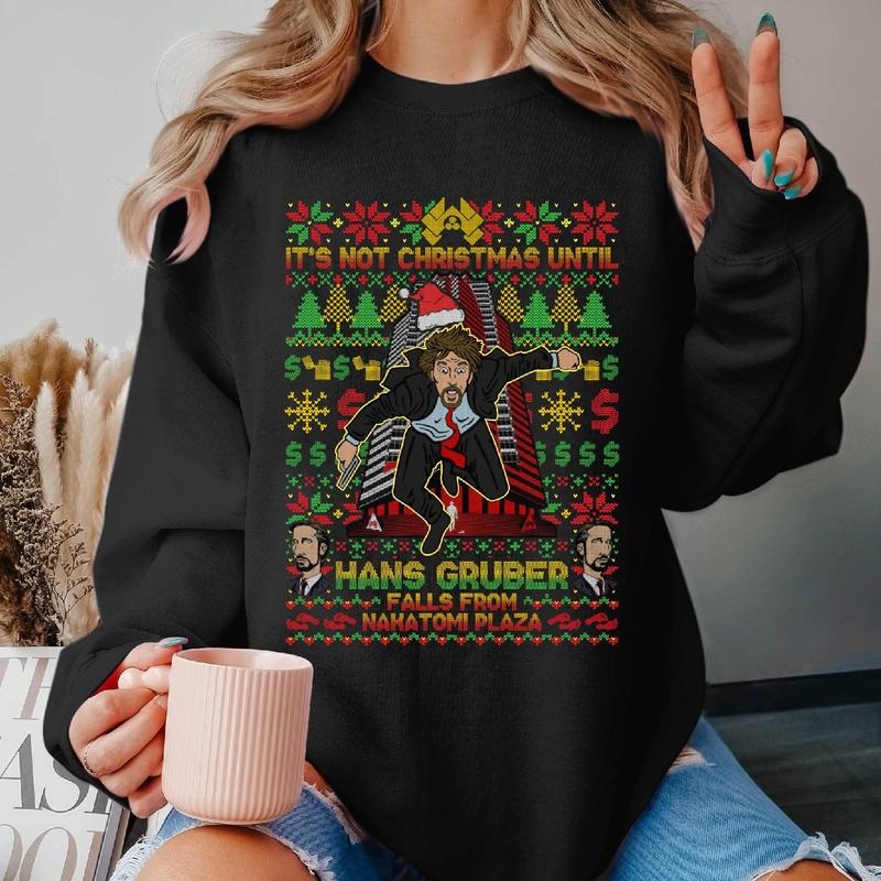 Die Hard Movies Ugly Sweater Tee, Hans Gruber Fall From Nakatomi Plaza Shirt, Christmas 90s Vintage Movies T-Shirt...