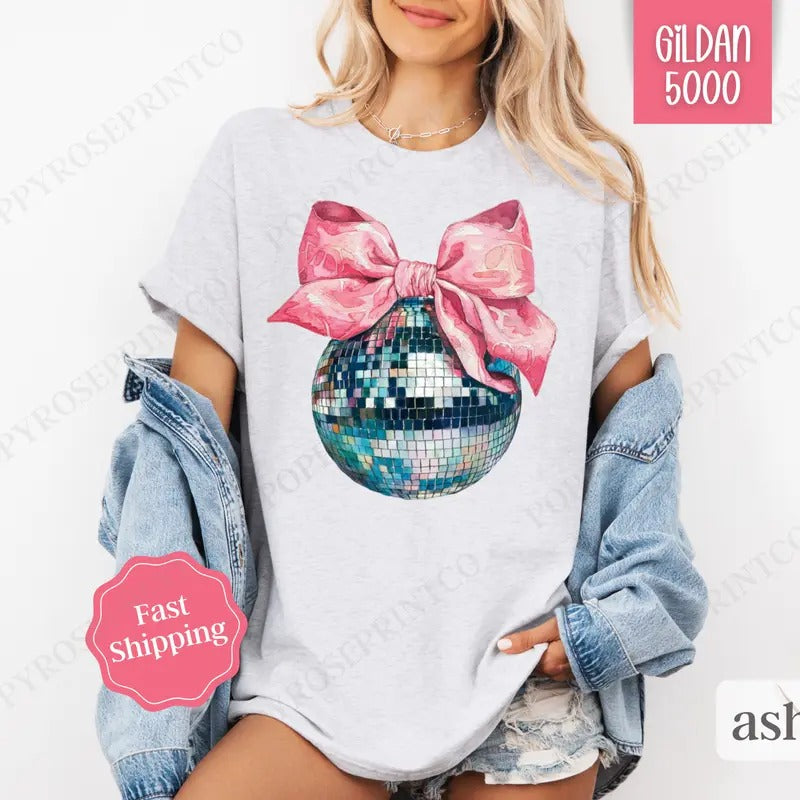 Disco Ball Bow Shirt Gildan, New Year's 2025 Women's Tee,  NYE Women's Tshirt Plus Sizes Hoodie, Sweatshirt