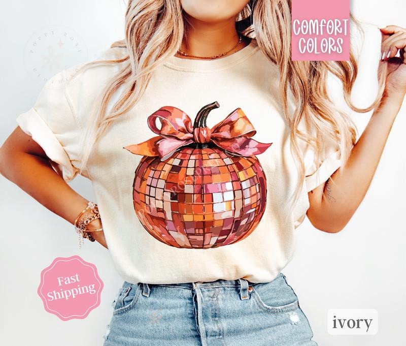 Disco Ball Pumpkin Shirt Comfort Colors, Fall Tshirt, October Vibes Shirt for Women Oversized Crewneck Teestyle{n002}2...
