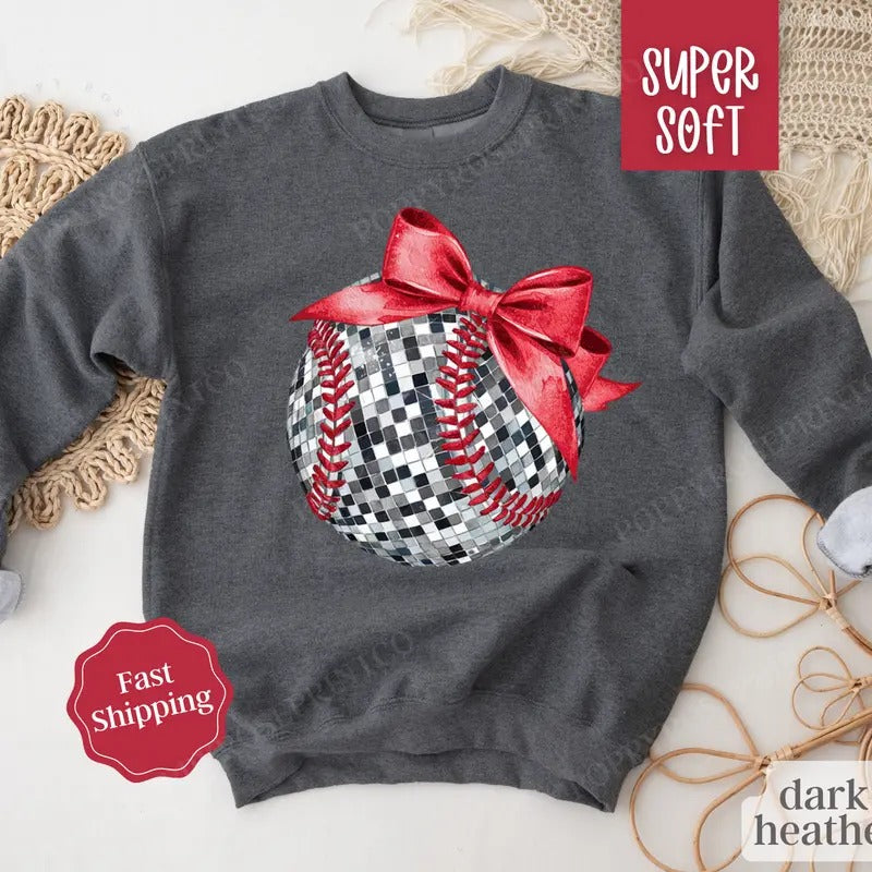 '=Disco Baseball Bow Sweatshirt, Game Day Baseball Crewneck, Womens Sweatshirt T-Shirts, Hoodie | HypeDripTees.com