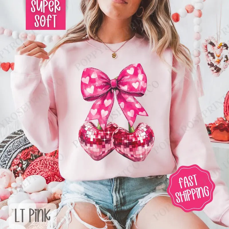 Disco Cherry Bow Sweatshirt, Valentine's Day Crewneck, Holiday Women's Sweater T-Shirts, Hoodie | HypeDripTees.com