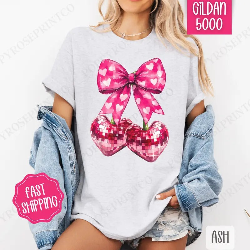 Disco Cherry Heart Bow Shirt Gildan, Valentine's Day Women's Tee, Holiday Women's Tshirt Plus Sizes Hoodie, Sweatshirt