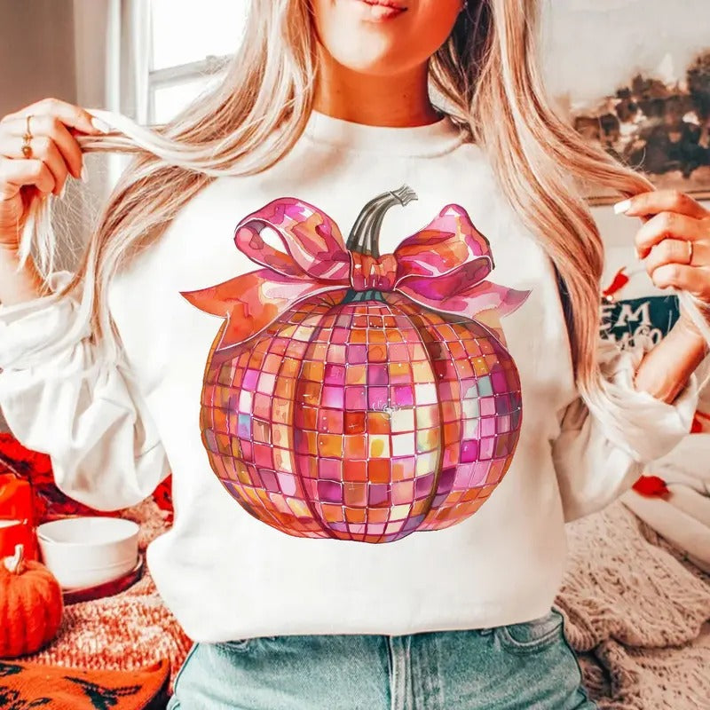 Disco Pumpkin Fall Coquette Autumn Fall Pumpkin Cotton Fabric T-Shirts, Hoodie, Sweatshirt