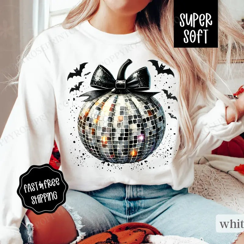 Disco Pumpkin Sweatshirt, Preppy Fall Crewneck, Womens Sweatshirt, Fall Pumpkin Sweater T-Shirts, Hoodie | HypeDripTees.com