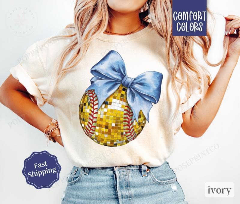 Disco Softball Bow Shirt Comfort Colors, Game Day Womens Softball Tee, Womenswear Oversized Crewneck, Coquette Clothing...