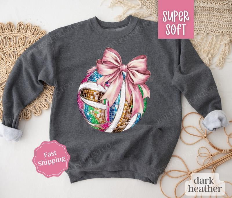 Disco Volleyball Bow Sweatshirt, Game Day Volleyball Crewneck, Womens Sweatshirt T-Shirts, Hoodie | HypeDripTees.com