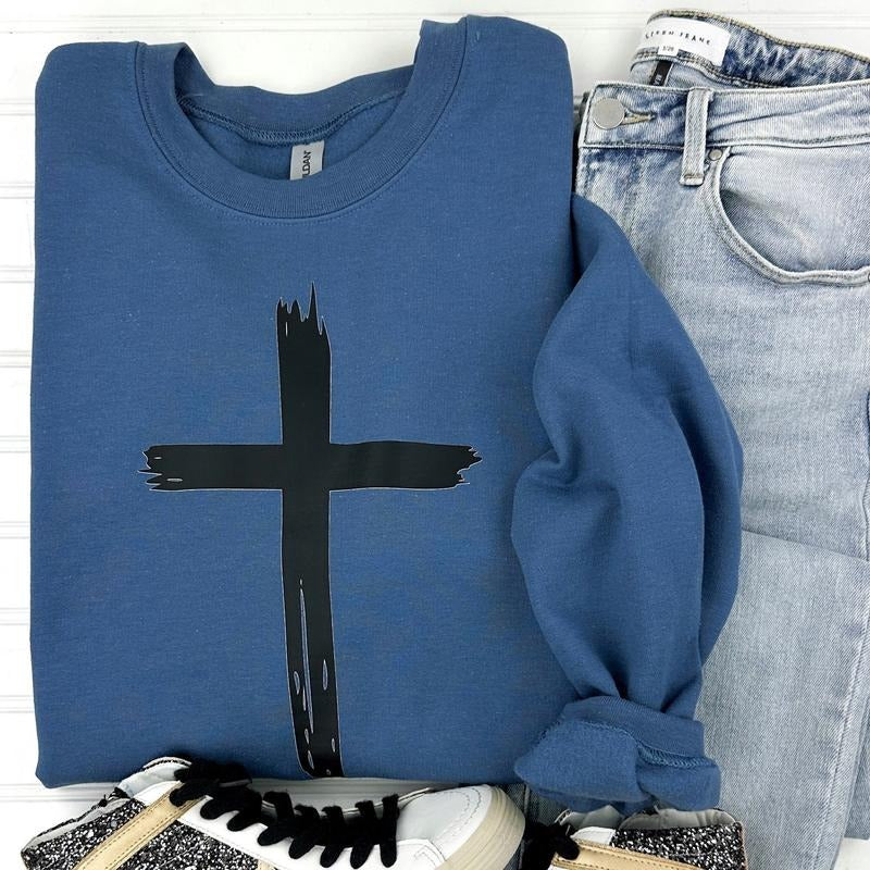 Distressed Black Cross Gildan Sweatshirt T-Shirts, Hoodie | HypeDripTees.com