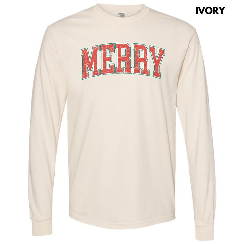 Distressed Varsity Merry Long Sleeve Comfort Colors T-Shirt 'NLB' Hoodie, Sweatshirt | HypeDripTees.com