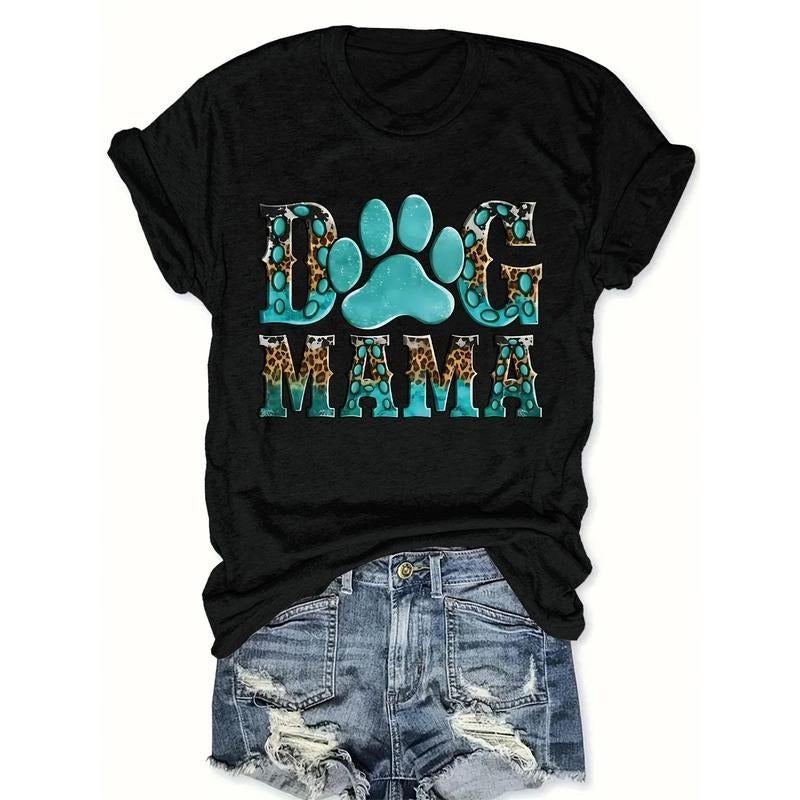Dog Mama Graphic Tee - Women's Casual Crew Neck Short Sleeve T-Shirt, Breathable Polyester, Machine Washable, Black with...