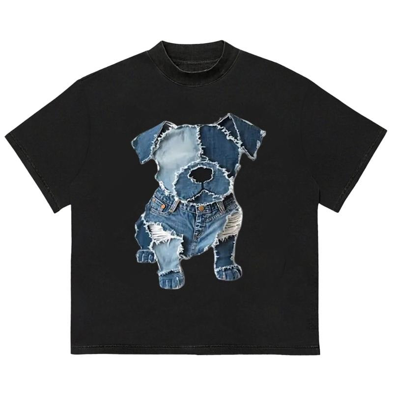 Dog pattern denim patchwork art T-Shirt Sustainable Cotton Unique Graphic Print for Standout Styl Hoodie, Sweatshirt