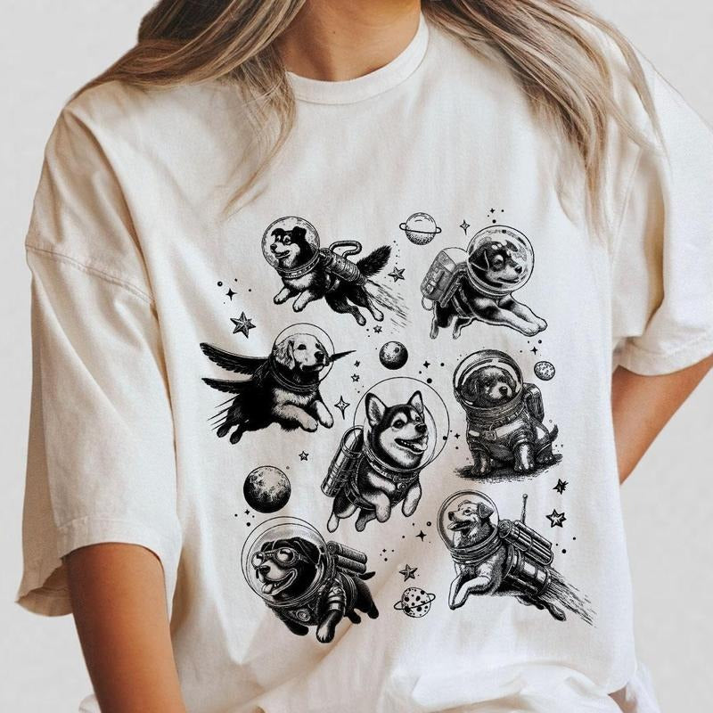 Dogs In Space Retro T-Shirt, Funny Galaxy Graphic T-shirt, Dog Lover Shirt, Dog Moon 90s Shirt, Gift For Dog Lover,...