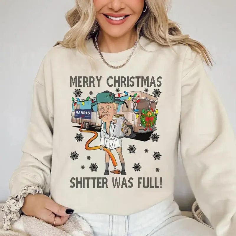 Donald Trump Shitter Was Full Christmas Sweatshirt, Funny Trump Christmas Sweatshirt, Merry Trumpmas Trending Sweatshirt,...