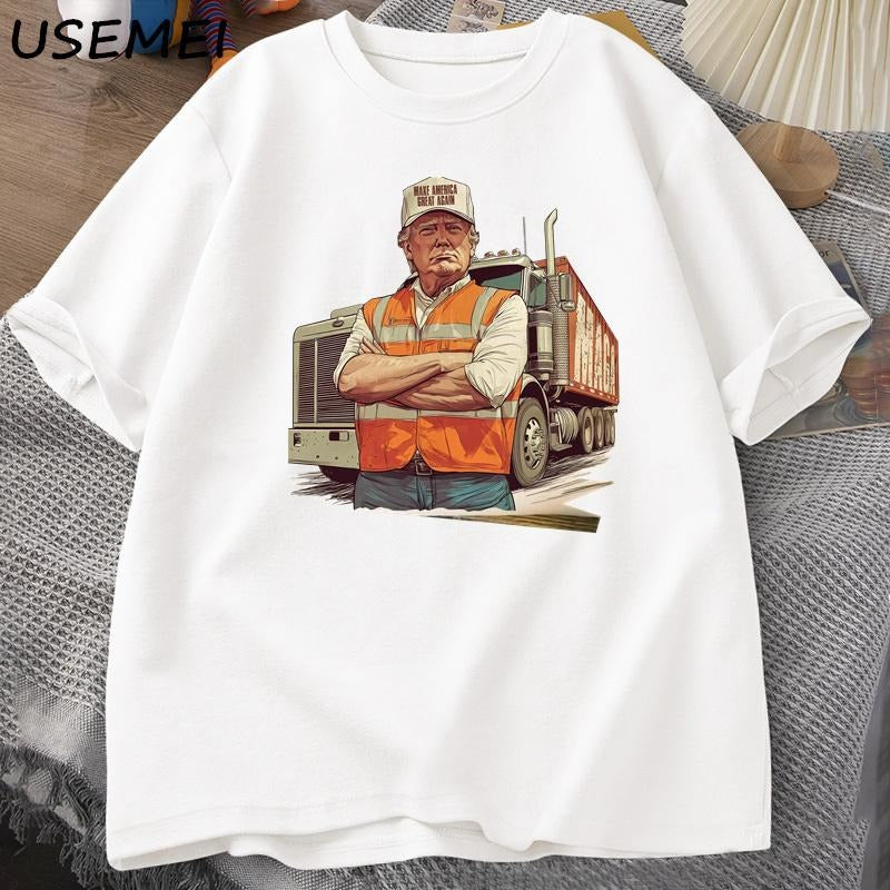 Donald Trump with Garbage Truck Printed T-shirt Humorous Trump Christmas T-Shirt Men Women Cotton Graphic Tee Male...