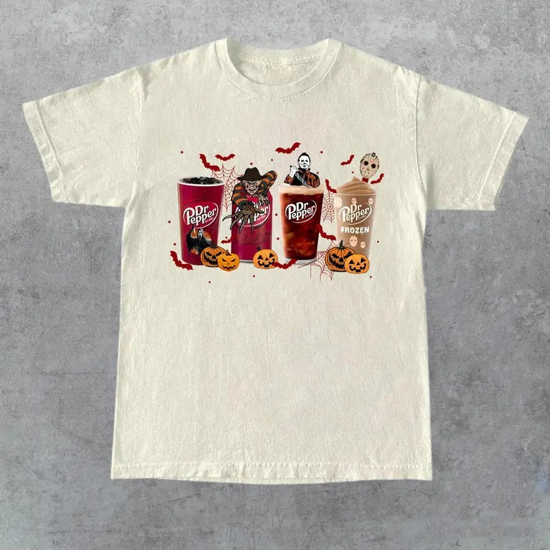 Dr Pepper Horror Shirt, Horror Movie Characters Shirt, Halloween Crewneck, Spooky Season, Halloween 2024 T-shirt Hoodie,...