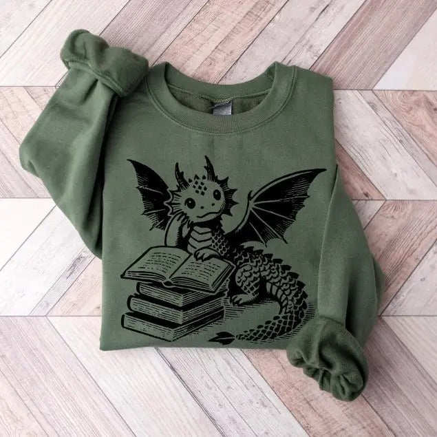 Dragon Book Lover Sweatshirt | Fantasy Reader Pullover | Bookworm Dragon Sweater | Cute Bookish Gift | Librarian Teacher...