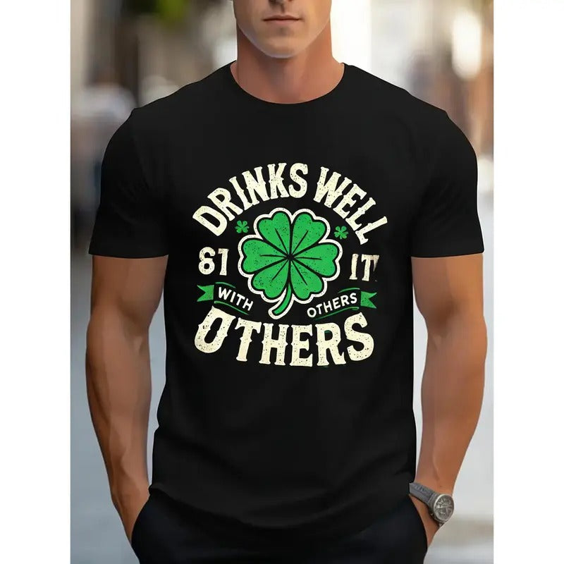 Drinks Well with Others" with Clover and Different Layout Print - Short Sleeve T