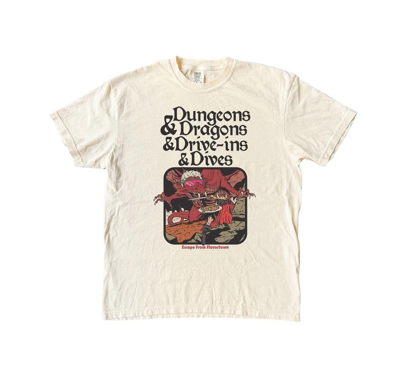 Dungeons and Dragons and Drive Ins and Dives Funny T-Shirt, Dragon Comfort Colors Graphic Tee, Vintage Food T Shirt...