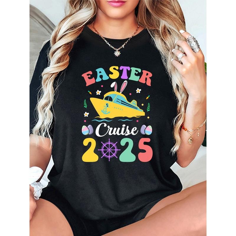 EASTER CRUISE 2025 Rabbit Ship, 2025 Easter Printed Round Neck T-Shirt, Spring & Summer Short Sleeve T-Shirt, Casual...