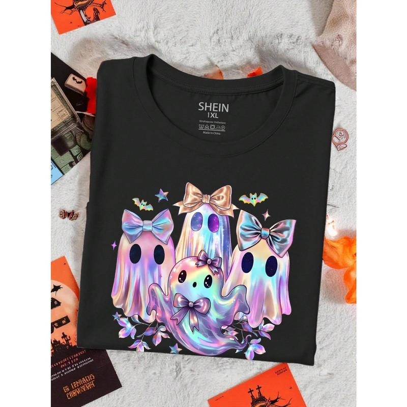 EMERY ROSE Plus Size Women's Ghost Halloween Graphic Tee, FALL VIBES Cute Fashion Casual T-Shirt Round Neck Short Sleeved...