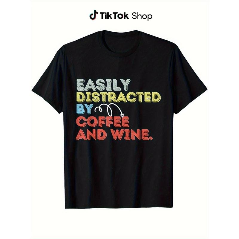 Easily Distracted By Coffee And Wine Funny Graphic T-Shirt - 100% Cotton 180gsm, Single-Sided Print, Black Short Sleeve...