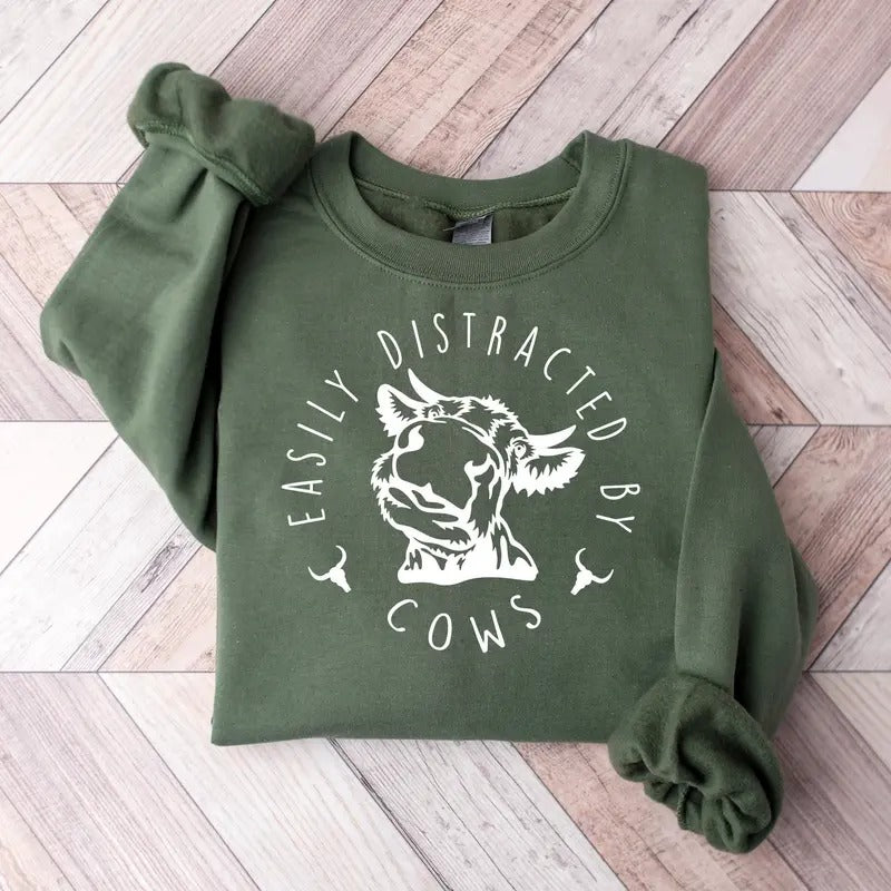 Easily Distracted By Cows Shirt,Cow Sweatshirt,Aesthetic Sweater,Funny Cow Shirt,Farm Love Shirts,Farm Animal...