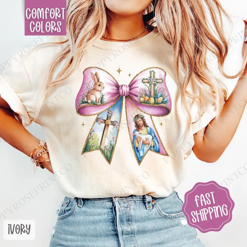 Easter Bow 2 Shirt Comfort Colors Coquette Easter Religious Her T-Shirts, Hoodie, Sweatshirt