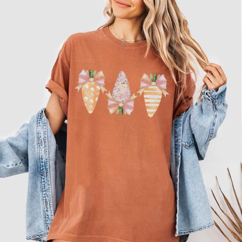 Easter Carrot and Egg Shirt, Pastel Spring Tee with Bows, Cute Easter Outfit for Women, Floral and Polka Dot Easter...