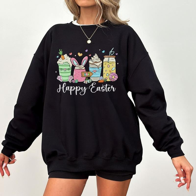 Easter Coffee Lover Shirt, Happy Easter Drink Tee, Cute Spring Coffee Sweatshirt for Women, Festive Bunny Coffee Graphic...