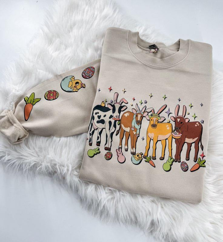 Easter Cow Sweatshirt with sleeve print Womenswear Comfy Pullover Top T-Shirts, Hoodie | HypeDripTees.com