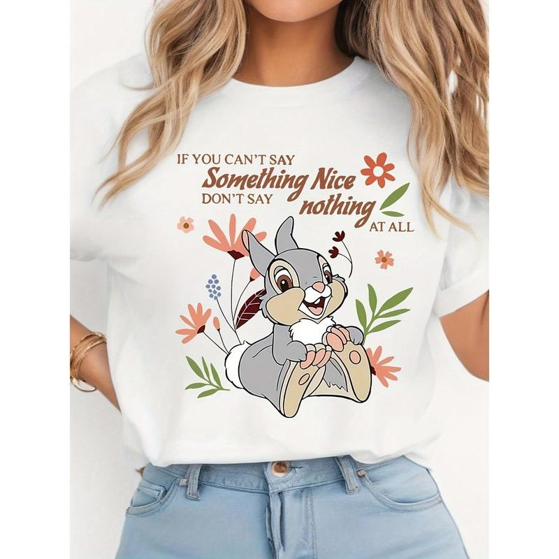 Easter Cute Rabbit Floral Letter Pattern Printed T-shirt-Casual round Neck Short Sleeves Tops-Women'S Clothing-Suitable...