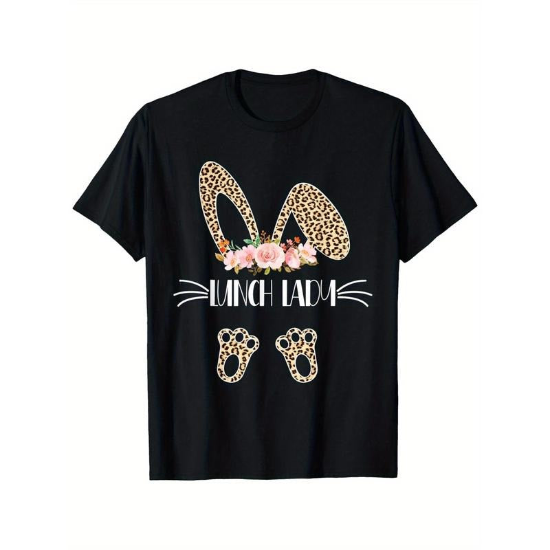 Easter Day Lunch Lady Floral Bunny Leopard Women Cafeteria T-Shirt, 100% Cotton, Single Side Printed, Black Short Sleeve...