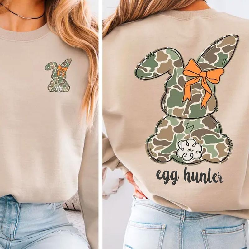 Easter Egg Hunter Bunny with Bow 2 Sided Shirt, Oldschool Camo Bunny Easter Shirt, Bunny Easter's Day, Easter Gift...