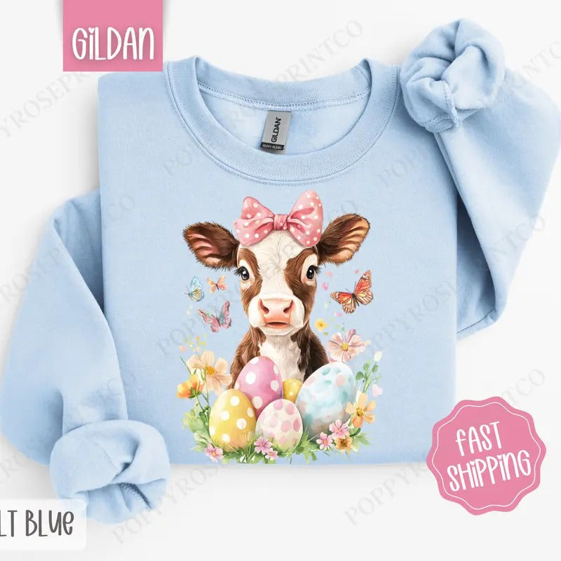 Easter Highland Cow Sweatshirt, Easter Women's Crewneck, Cute Cow Women's Sweatshirt T-Shirts, Hoodie | HypeDripTees.com