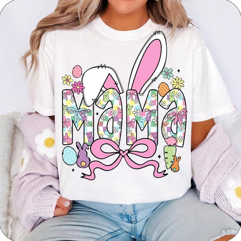 Easter Mama Bunny Coquette T-Shirt, Mama Easter T-Shirt, Easter T-Shirt, Coquette Easter T-Shirt, Mama T-Shirt, Easter...