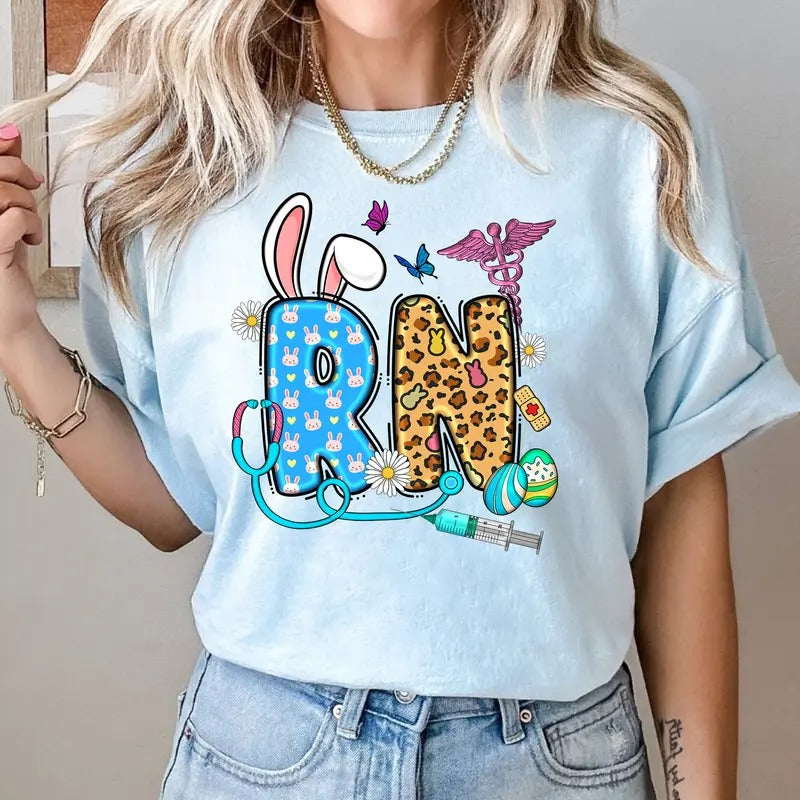 Easter RN Shirt - Cute Nurse T-Shirt with Bunny & Leopard Print - Spring Healthcare Tee Hoodie, Sweatshirt | HypeDripTees.com