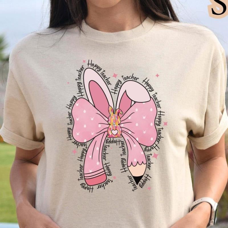 Easter Teacher Cute Coquette Bow Bunny Shirt, Teacher Easter T-Shirt, Teacher Appreciation Gift, Spring School Teacher...