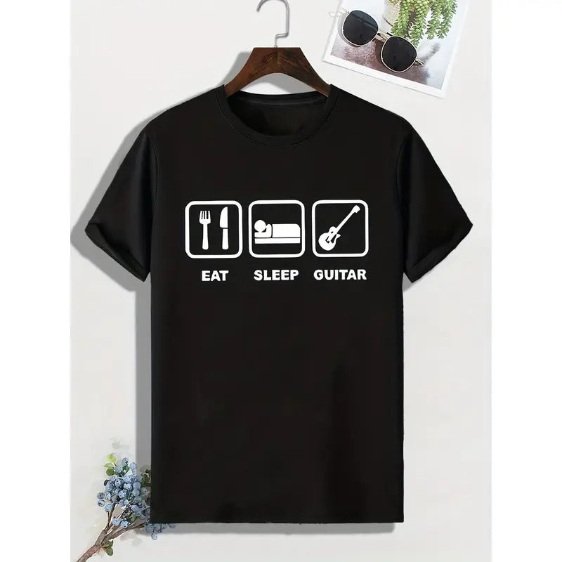 Eat Sleep Guitar Print, Men's Trendy Comfy T-shirt, Active Slightly Stretch Breathable Tee For Outdoor Summer Made in USA...