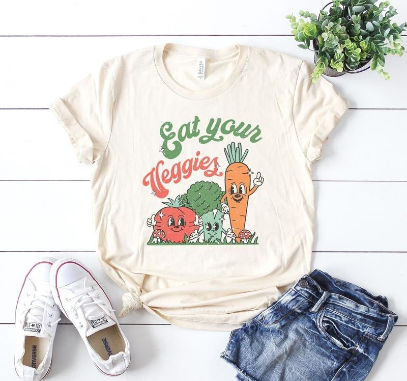Eat Your Veggies Retro Graphic Shirt, Vegan Shirt, Farmers Market Vegetable Shirt Hoodie, Sweatshirt | HypeDripTees.com