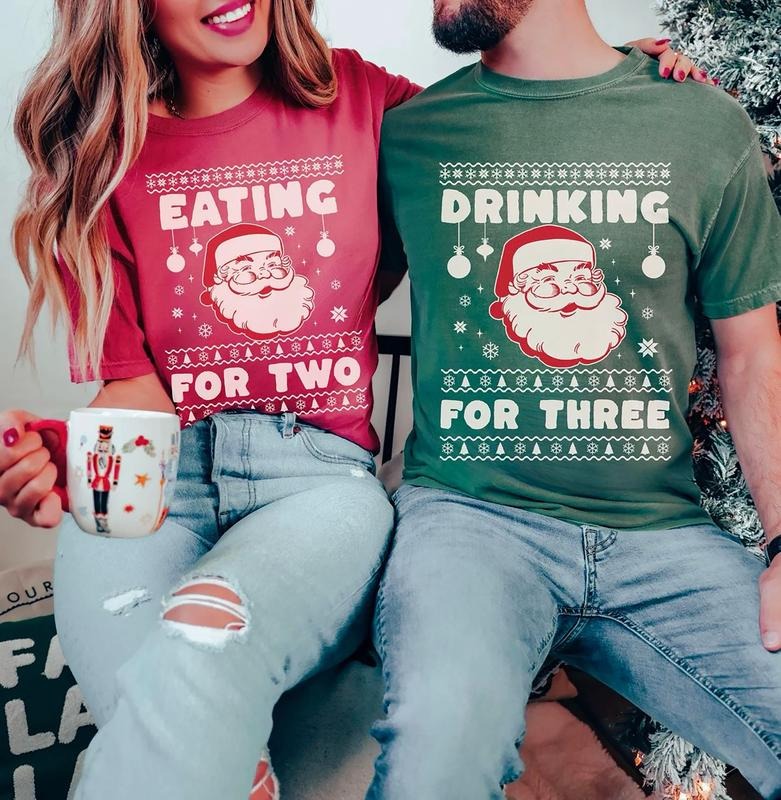 Eating For Two Christmas Couple Shirt, Drinking For Two, Christmas Pregnancy Announcement Shirt, Baby Reveal Christmas...