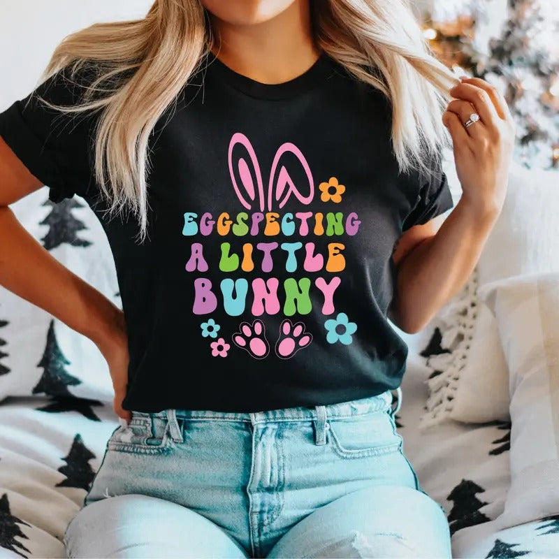 Eggspecting A Little Bunny Easter T-Shirt, Easter Pregnancy Announcement Shirt, Easter Maternity Tee, Easter Gift Tee For...