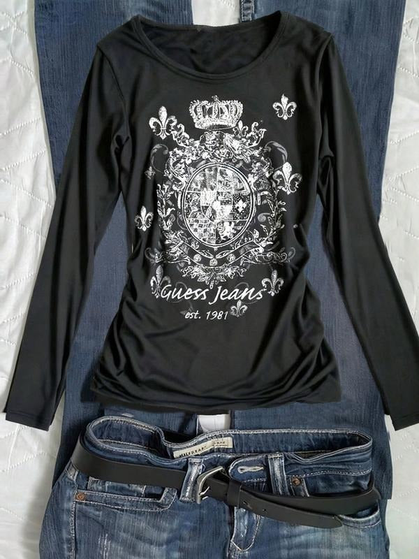 Elegant Slim-Fit Long Sleeve T-Shirt, Punk Gothic Crown Design, Casual Wear for All Seasons, Perfect for Cold Weather...