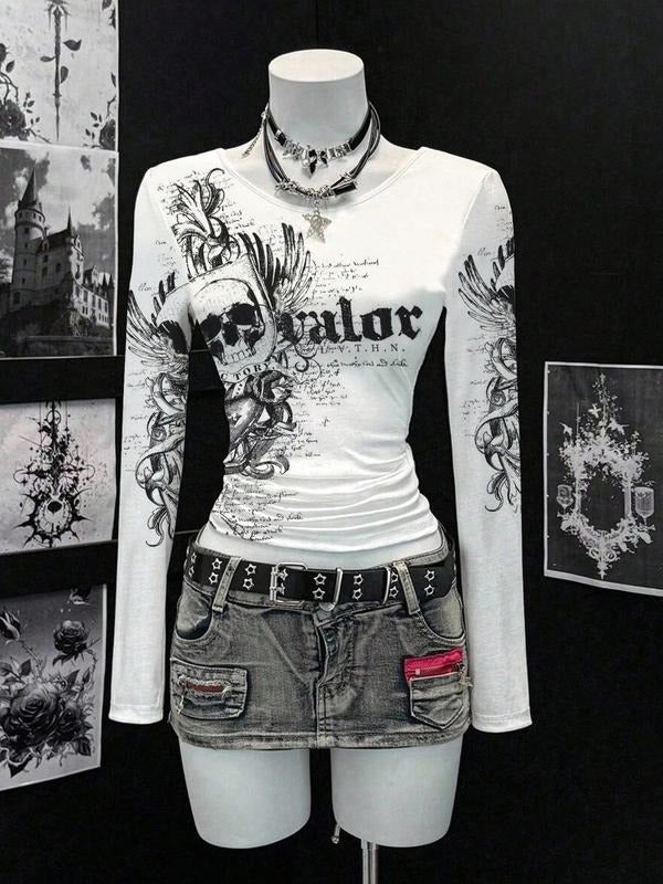 Elegant Slim-Fit Long Sleeve T-Shirt, Skull Design, Casual Wear for All Seasons, Perfect for Cold Weather Layering...