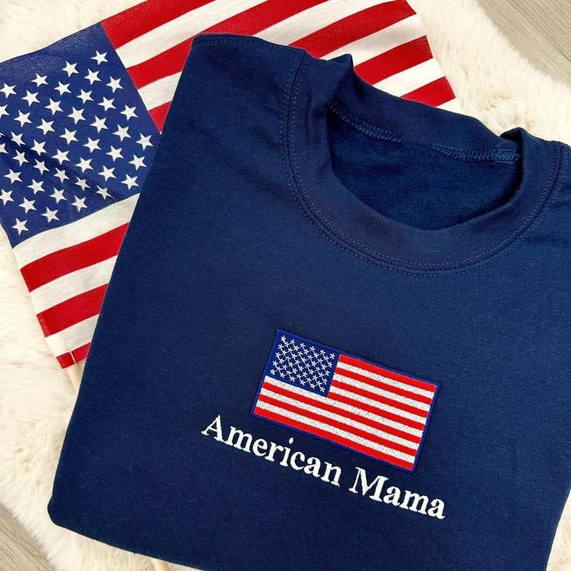 Embroidered 'American Mama' USA Patriotic Flag Sweatshirt T-Shirts, Hoodie | HypeDripTees.com