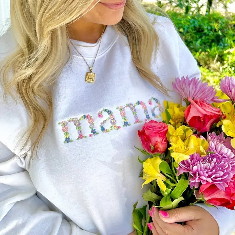 Embroidered 'Floral Mama' Crewneck Sweatshirt T-Shirts, Hoodie | HypeDripTees.com